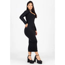 Vestido Midi Manga Longa com Decote - PRETO |V140