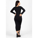 Vestido Midi Manga Longa com Decote - PRETO |V140