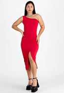 Vestido Midi Tubinho com Fenda e Manga Única - VERMELHO |NR22
